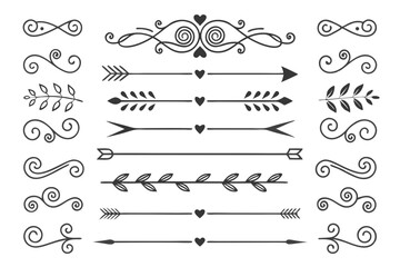 Fototapeta premium Elegant Decorative Arrows and Swirls in Hand-Drawn Black Vector Featuring Floral Borders and Vintage Lines for Creative Invitations and Design Layouts.
