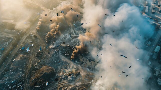 Birds flying over landfill, smoke rising from burning garbage, urban area visible afar - Powered by Adobe