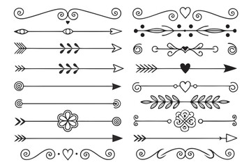 Fototapeta premium Decorative Divider and Swirl Border Set Featuring Elegant Arrows and Floral Accents in Hand-Drawn Black Vector for Layouts, Posters, and Wedding Invitations.