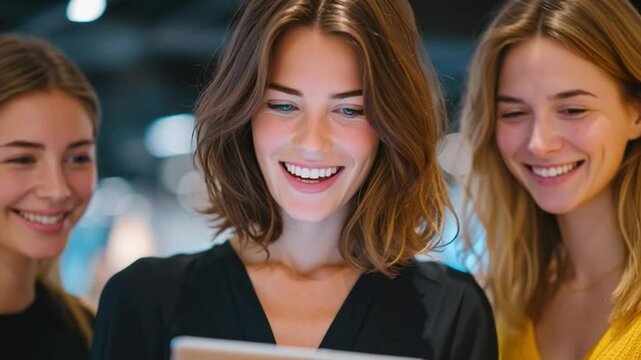 Group of smiling young women looking at tablet together in modern indoor setting, enjoying digital content and teamwork collaboration