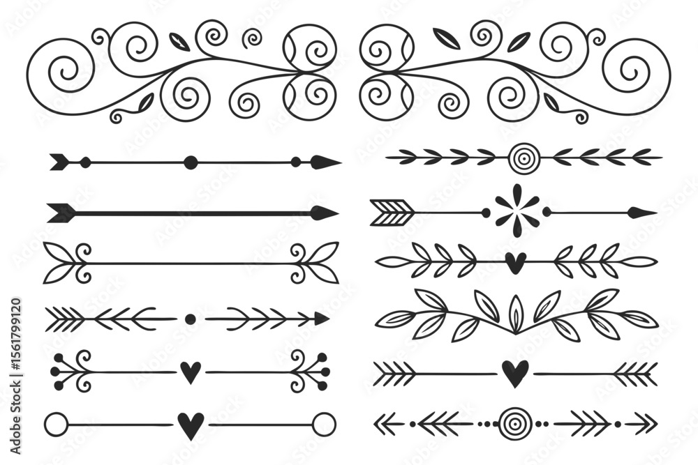 Fototapete decorative arrows and floral borders in elegant hand-drawn black vector featuring curved swirls and 