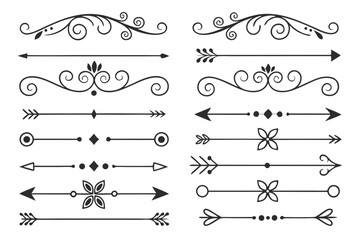 Fototapeta premium Vintage Arrow and Swirl Divider Set in Hand-Drawn Black Vector Featuring Floral Borders and Ornamental Curves for Wedding Invitations and Layout Templates.