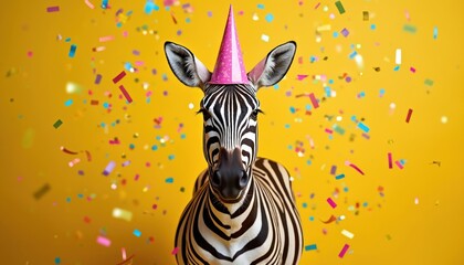 Quirky zebra wearing party hat surrounded by confetti on yellow background. Funny illustration for celebration, birthday event, children holiday, party invitation. Cheerful design element.