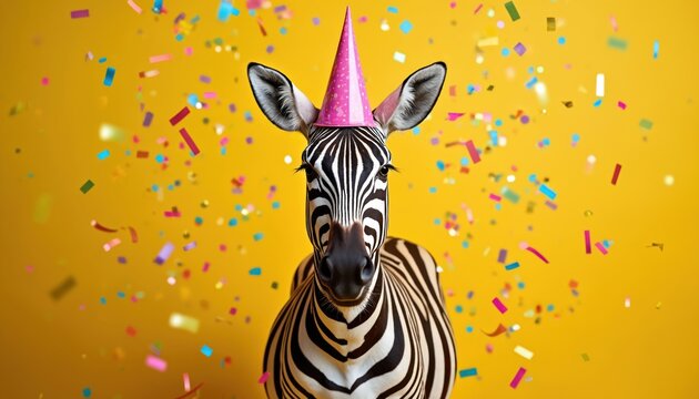 Quirky zebra wearing party hat surrounded by confetti on yellow background. Funny illustration for celebration, birthday event, children holiday, party invitation. Cheerful design element.