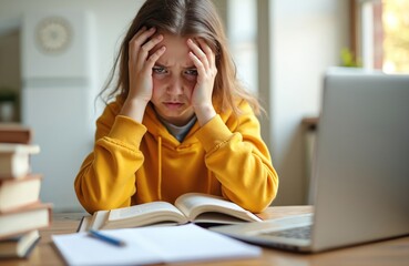 Exhausted schoolgirl suffers homework at home. Girl tired of studying, preparing for exams, stressed with difficult task, reading book. Home education, homeschooling. Focuses on problem solving in
