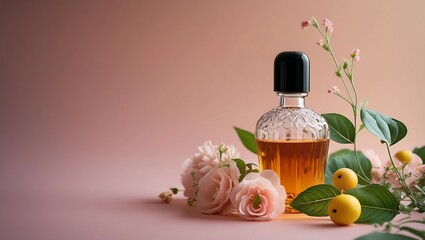 Elegant Perfume Bottle with Floral and Botanical Arrangement on Soft Pink Background
