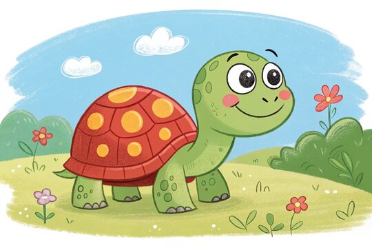 Smiling Cartoon Turtle Walking Through a Colorful Meadow in a Playful Children&rsquo;s Illustration