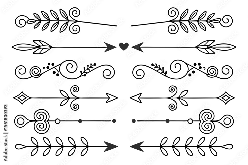 Fototapete ornamental arrow and floral divider set featuring swirls and curved borders in elegant hand-drawn bl