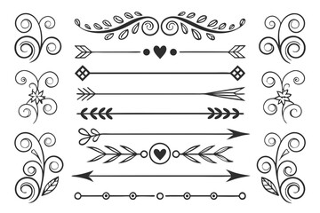 Fototapeta premium Ornamental Arrow and Swirl Dividers with Elegant Floral Accents in Black Vector. Hand-Drawn Decorative Borders for Invitations and Creative Layout Templates.