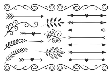 Obraz premium Elegant Swirl and Arrow Divider Collection in Hand-Drawn Black Vector Featuring Floral Borders and Vintage Motifs. Ideal for Layout Design and Invitations.