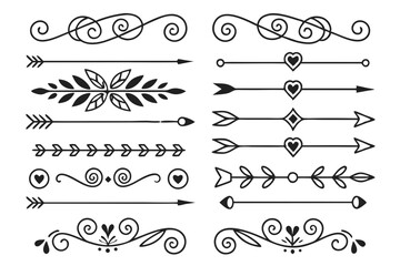 Vintage Divider Set Featuring Elegant Line Art Arrows, Swirls, and Floral Elements in Black Vector. Hand-Drawn Borders for Invitations and Graphic Design.

