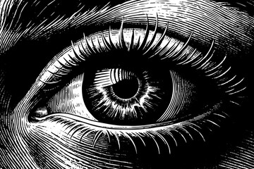 human eye featuring long lashes and delicate iris lines, ideal for beauty branding, cosmetic packaging, magazine covers, tarot cards and tattoo concepts, a black and white line art