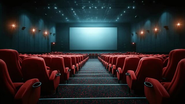 mockup of empty white cinema screen in theater with red seats, captured in wide-angle shot. cinema hall and provides clean canvas for showcasing movie