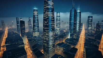 Camera pushing forward drawing central skyscraper cluster closer over street grid at night with fog - Powered by Adobe