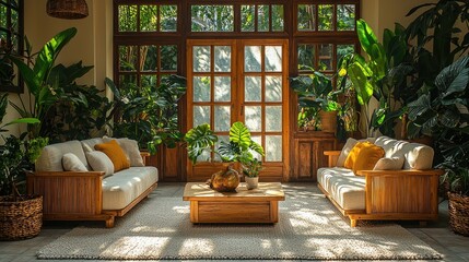 Obraz premium Wooden sofa set with lush greenery in a sunlit conservatory.