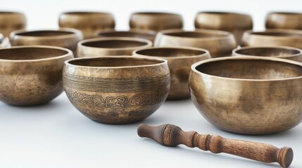 Serene Singing Bowls: A Collection of Antique Bronze Singing Bowls and Wooden Striker