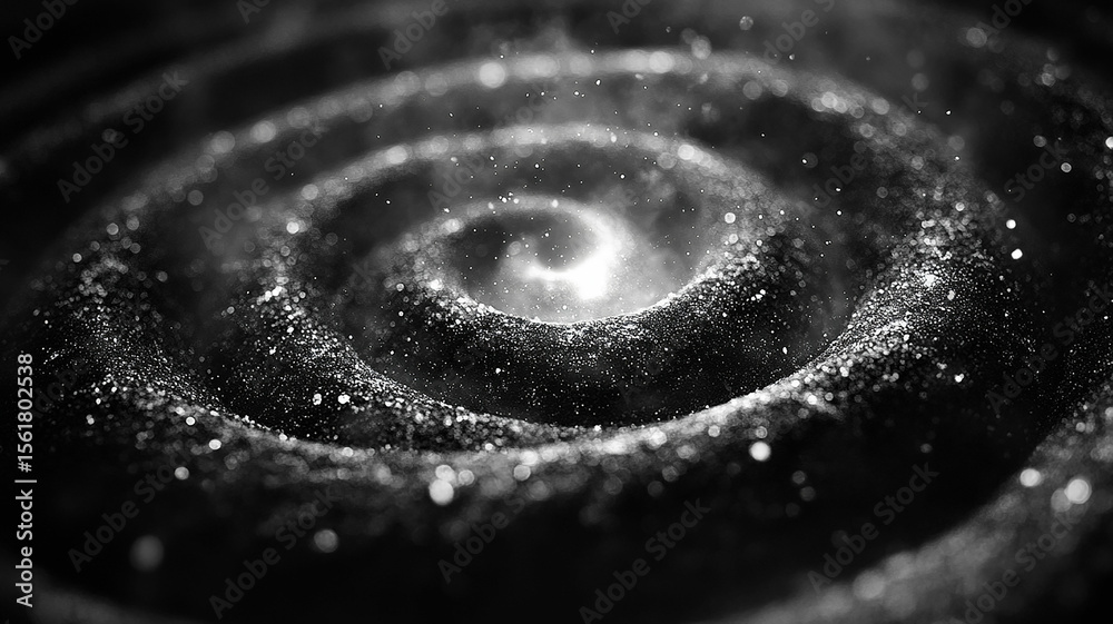Wall mural mesmerizing spiral of charcoal dust with glittering particles. abstract black and white vortex of sh