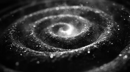 Mesmerizing spiral of charcoal dust with glittering particles. Abstract black and white vortex of shimmering specks.