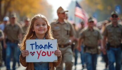Young child holds Thank You sign during Veterans Day parade. Smiling girl shows gratitude to veterans. Symbol of appreciation, patriotism, respect for military service.