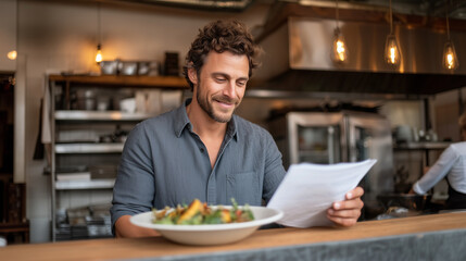 Fototapeta premium Professional restaurant owner reviewing menu with healthy food dish in modern dining establishment