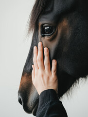 Close-up of human hand touching horse’s face with tenderness. Connection, trust and emotional bond with animals