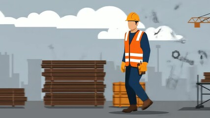 Illustration of construction worker walking on a construction site with various constructionrelated items - Powered by Adobe