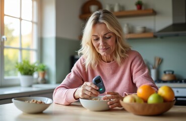 Middle-aged woman checks glucose levels in morning kitchen. Blonde female measures blood sugar with glucose meter near cereals and fruits. Diabetes management, health care, wellness.