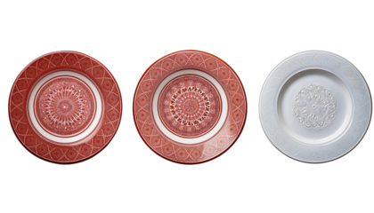 Elegant Tableware Trio: Three exquisite plates showcasing intricate patterns and refined design elements, perfect for culinary presentations and interior decor. 