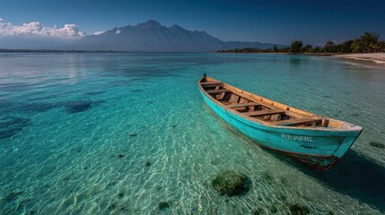 Naklejka premium Serenity Unveiled: Tranquil turquoise waters with a traditional outrigger boat