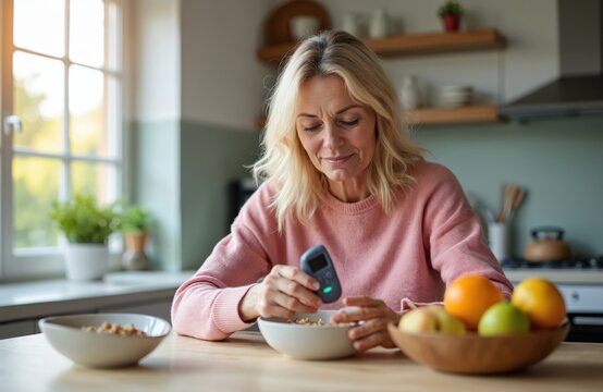 Middle-aged woman checks glucose levels in morning kitchen. Blonde female measures blood sugar with glucose meter near cereals and fruits. Diabetes management, health care, wellness.
