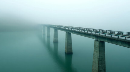 Obraz premium Misty bridge fog water calm tranquil long concrete serene morning landscape