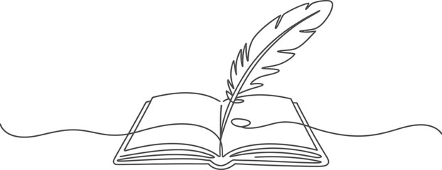 Elegant One Line Drawing of an Open Book with a Quill Pen Symbolizing Writing Literature Education and Creativity Perfect for Logos Branding and Creative Projects