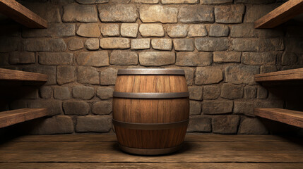 Wooden barrel stone wall rustic cellar storage empty shelves warm light solitude
