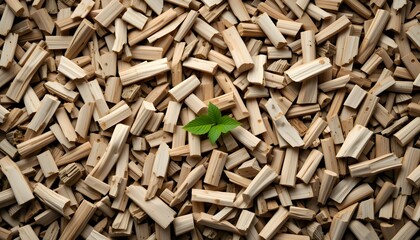Rustic Flat Lay of Wood Chips with Fresh Leaves, Natural Texture Concept