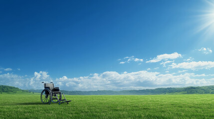 Wheelchair grassy field blue sky sunlight empty peaceful outdoor landscape. An empty wheelchair