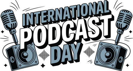 Vibrant Illustration Celebrating International Podcast Day with Retro Microphones and Speakers Ideal for Social Media Banners and Promotional Materials for Podcasting Events and Online Content