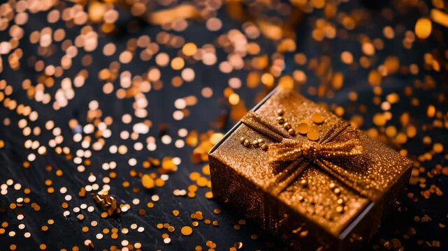 Celebratory present with glittered gold wrapping paper and scattered confetti. Top view on table.