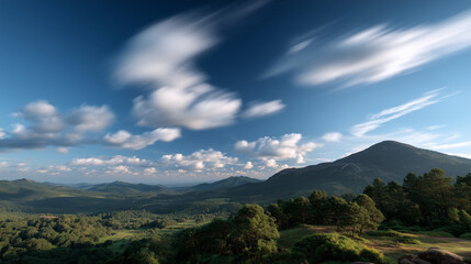 Naklejka premium Mountain cloud drift with ambient lighting and clean text space. 