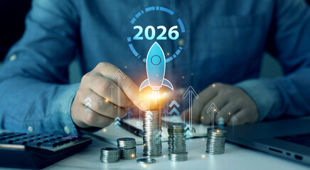 Financial Business plan and development in 2026. Increase arrow graph corporate business future growth year 2026. Startup business in new year 2026. Business goals trends in 2026.