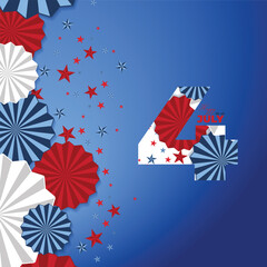 Happy 4th of July, USA Independence Day vector banner template. Blue background with paper stars in USA flag colors. Material design for greeting card, flyer layout, poster.