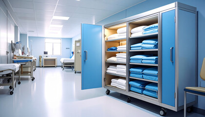 Clean Hospital Room with Linen Storage Cabinet