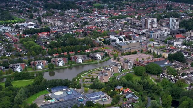 An panorama Aerial view of the old town of the Drachten city Groningen in the Netherlands on a sunny day in summer.