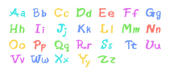 Colorful English alphabet hand-drawn in a crayon. Capital and lowercase letters in chalk, pastel, or wax style. Highlighter effect on board for kindergarten drawing and learning. Vector illustration