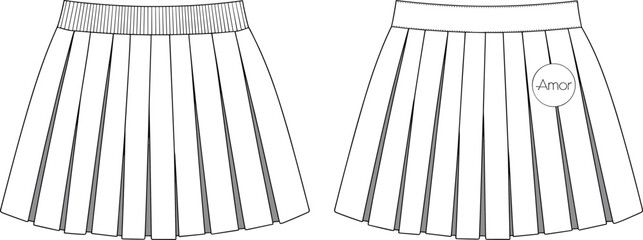 Front and Back View Women’s Pleated Skirt with Logo Technical CAD Flat Vector Fashion Illustration for Apparel Garment Design Template