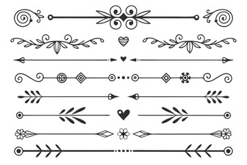 Obraz premium Black Vector Dividers Featuring Elegant Hand-Drawn Arrows, Vintage Swirls, and Floral Accents. Decorative Borders for Layout Design and Invitations.