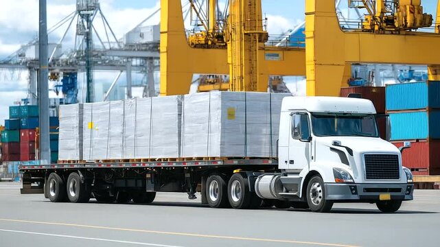 Large flatbed truck loaded with secured freight prepares to exit logistics yard.