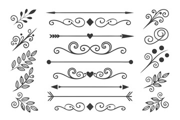 Obraz premium Elegant Black Vector Divider Collection Featuring Arrows, Curved Swirls, and Floral Ornaments. Hand-Drawn Decorative Elements for Layout and Design.