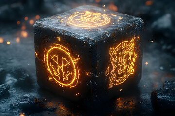 Glowing symbols adorn a dark stone cube resting on rocky ground with bokeh lights in the background