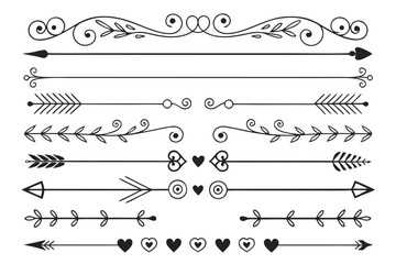 Fototapeta premium Vintage Swirl and Arrow Dividers in Elegant Black Vector Featuring Hand-Drawn Floral Accents and Borders. Decorative Design Elements for Invitations and Posters.