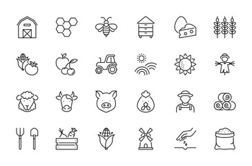 Agriculture & farming icon set. Field, honeycombs, honeybee, apiary, scarecrow, wheat, flour, mill, tractor, barn, sowing, sheep, cow, pig, rooster, farmer, etc. Editable stroke, vector illustration.